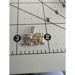14K Yellow Gold I Love You Mom Pendant with Pink Topaz Heart Shaped Stone